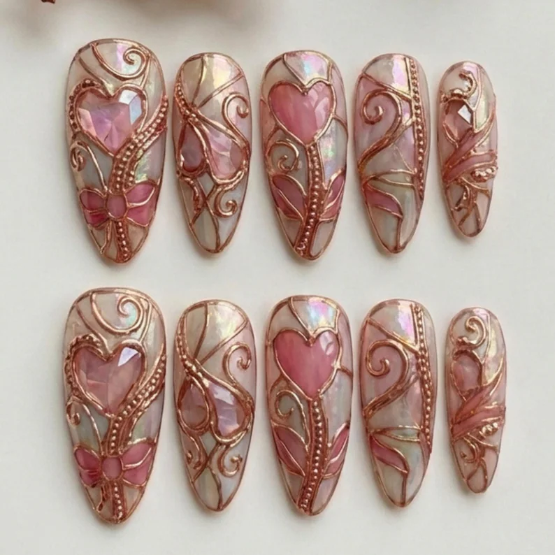 press on nails, 3D wirework, custom press on nails, fake nails, Nails Art, stained glass nails, gold press on nails, 3d press on nails, luxury press on nails, handmade press on nails