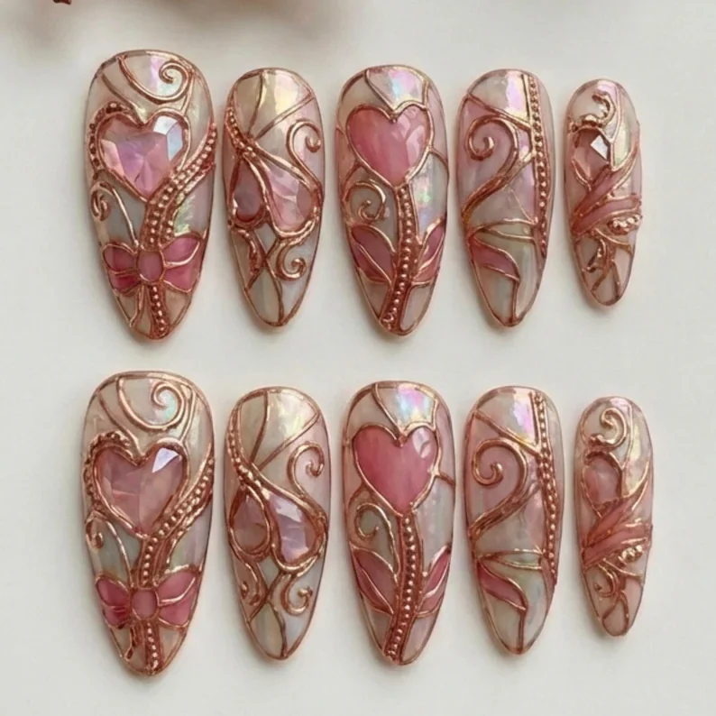 rose gold nails, cathedral heart, press on nails, custom press on nails, fake nails, Nails Art, stained glass nails, gold press on nails, 3d press on nails, luxury press on nails, handmade press on nails