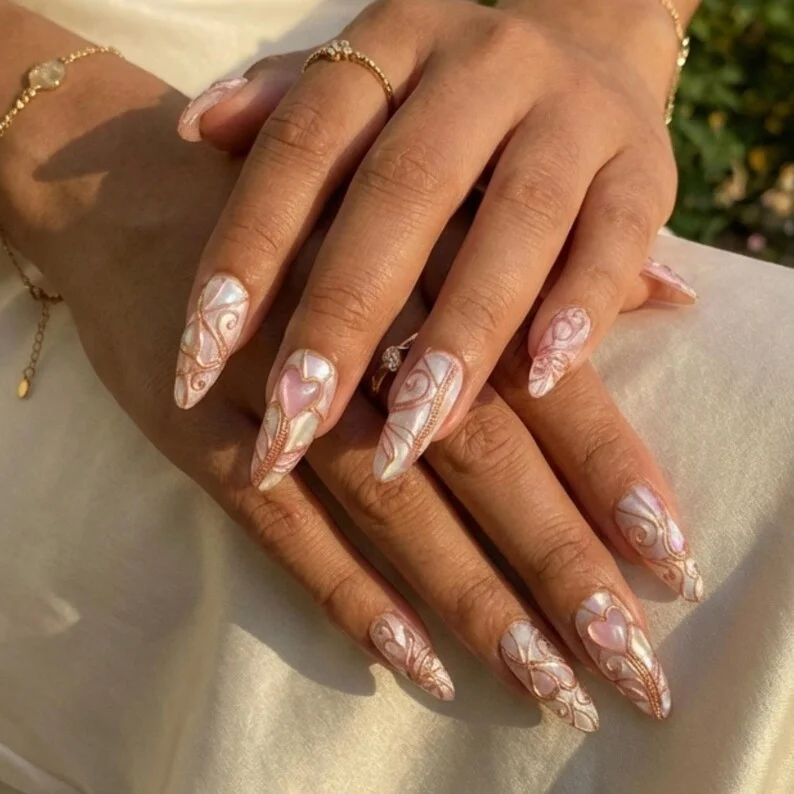 fairycore nail art, heart press ons, press on nails, custom press on nails, fake nails, Nails Art, stained glass nails, gold press on nails, 3d press on nails, luxury press on nails, handmade press on nails