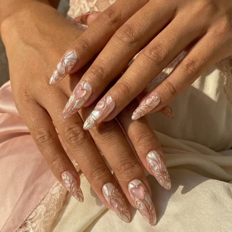 rose gold manicure, wirework nails, press on nails, custom press on nails, fake nails, Nails Art, stained glass nails, gold press on nails, 3d press on nails, luxury press on nails, handmade press on nails
