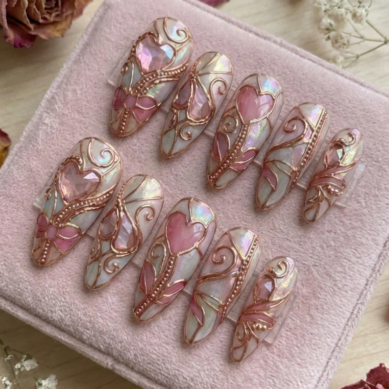 rose gold nails, cathedral heart, press on nails, custom press on nails, fake nails, Nails Art, stained glass nails, gold press on nails, 3d press on nails, luxury press on nails, handmade press on nails