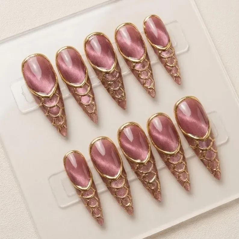 rose gold nails, dragon scale, press on nails, custom press on nails, fake nails, Nails Art, stained glass nails, gold press on nails, 3d press on nails, luxury press on nails, handmade press on nails