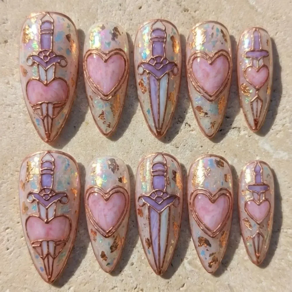 rose gold nails, sacred heart dagger, press on nails, custom press on nails, fake nails, Nails Art, stained glass nails, gold press on nails, 3d press on nails, luxury press on nails, handmade press on nails