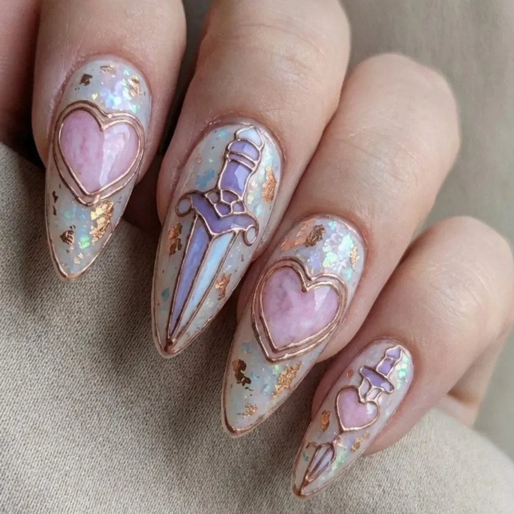 pink purple gothic, gothic romance nails, press on nails, custom press on nails, fake nails, Nails Art, stained glass nails, gold press on nails, 3d press on nails, luxury press on nails, handmade press on nails