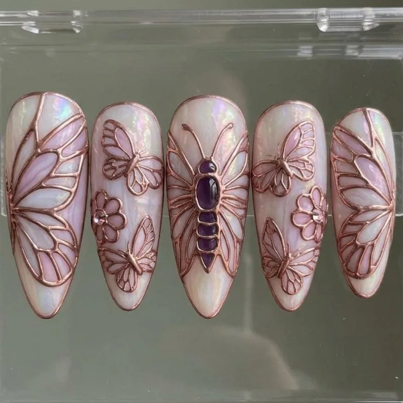 rose gold nails, stained glass nails, press on nails, custom press on nails, fake nails, Nails Art, gold press on nails, 3d press on nails, luxury press on nails, handmade press on nails