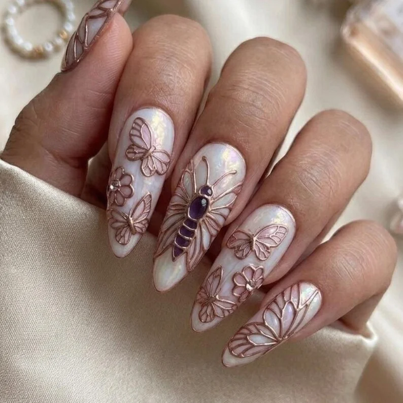 butterfly press ons, iridescent opal, press on nails, custom press on nails, fake nails, Nails Art, stained glass nails, gold press on nails, 3d press on nails, luxury press on nails, handmade press on nails