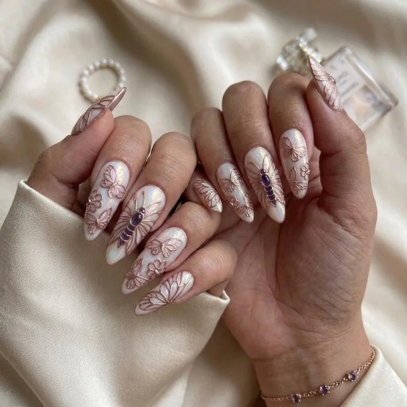 fairycore nail art, opal iridescent, press on nails, custom press on nails, fake nails, Nails Art, stained glass nails, gold press on nails, 3d press on nails, luxury press on nails, handmade press on nails
