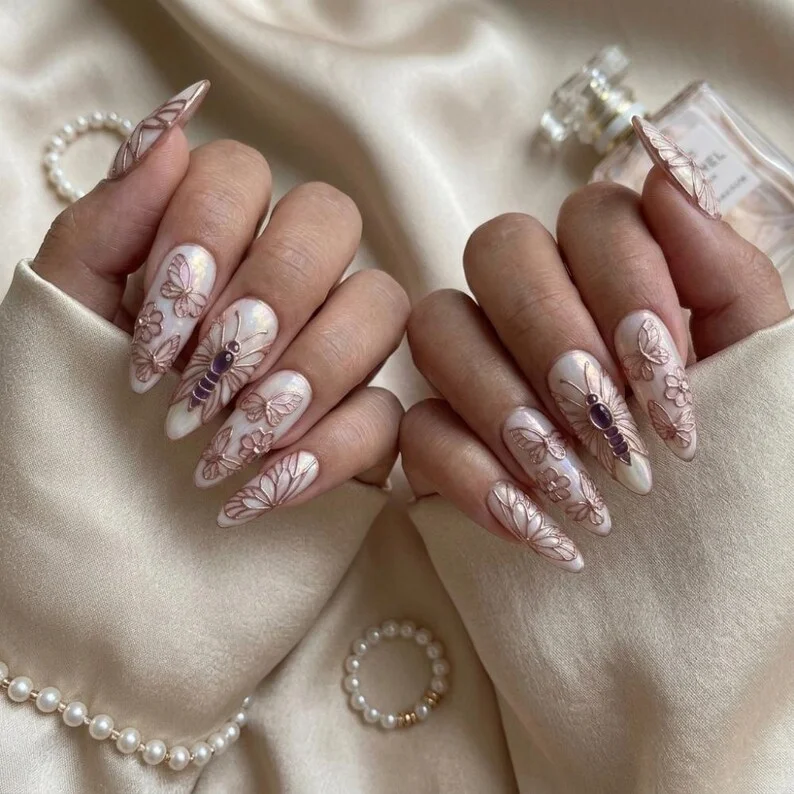 press on nails, rose gold butterfly, custom press on nails, fake nails, Nails Art, stained glass nails, gold press on nails, 3d press on nails, luxury press on nails, handmade press on nails
