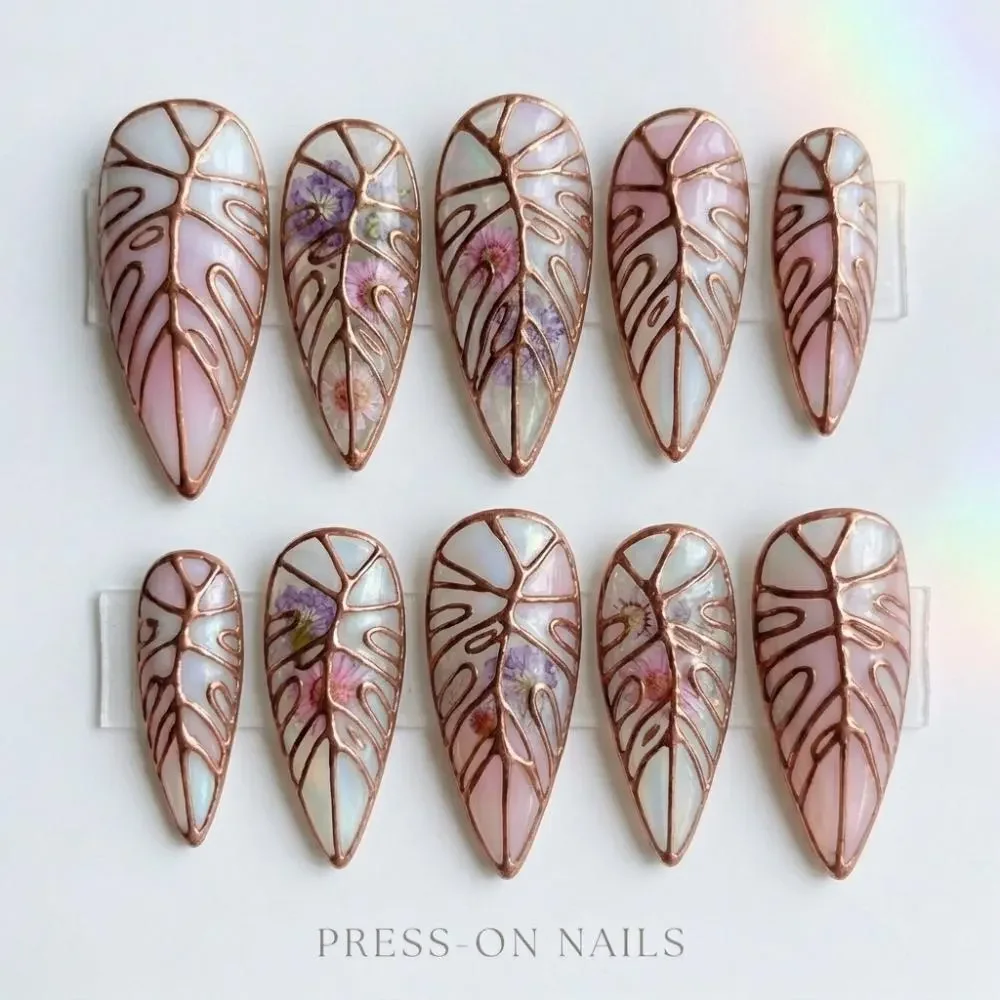 monstera press on, press on nails, custom press on nails, fake nails, Nails Art, stained glass nails, gold press on nails, 3d press on nails, luxury press on nails, handmade press on nails