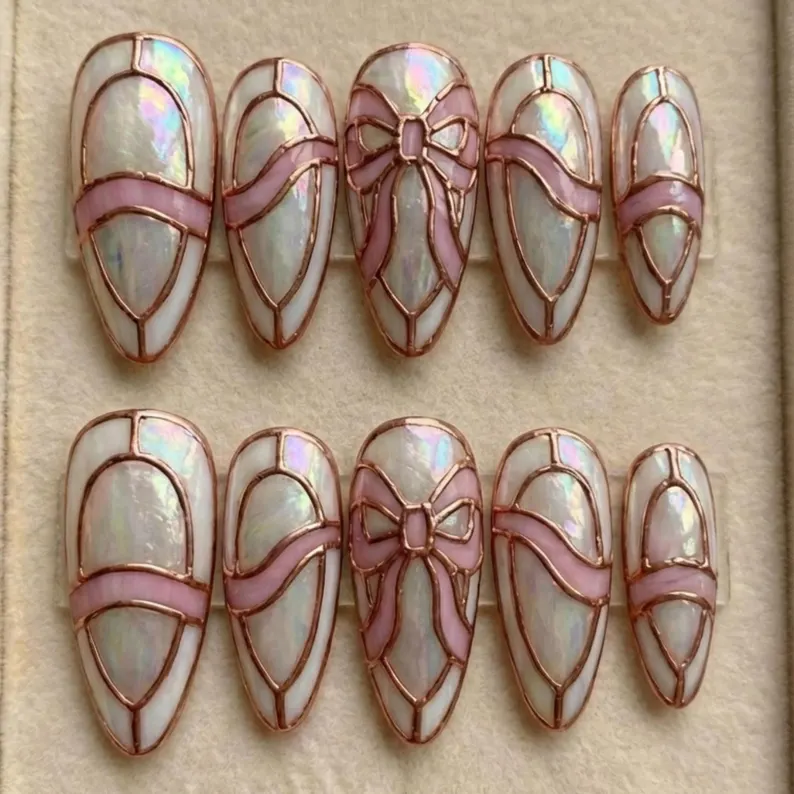 press on nails, 3D pearl bow, custom press on nails, fake nails, Nails Art, stained glass nails, gold press on nails, 3d press on nails, luxury press on nails, handmade press on nails