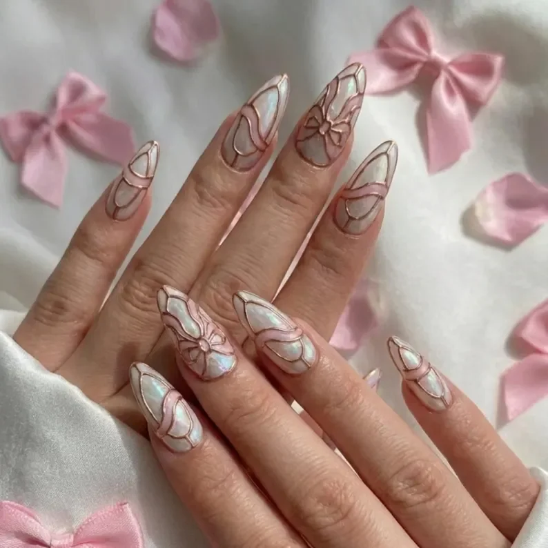 press on nails, 3D pearl bow, custom press on nails, fake nails, Nails Art, stained glass nails, gold press on nails, 3d press on nails, luxury press on nails, handmade press on nails