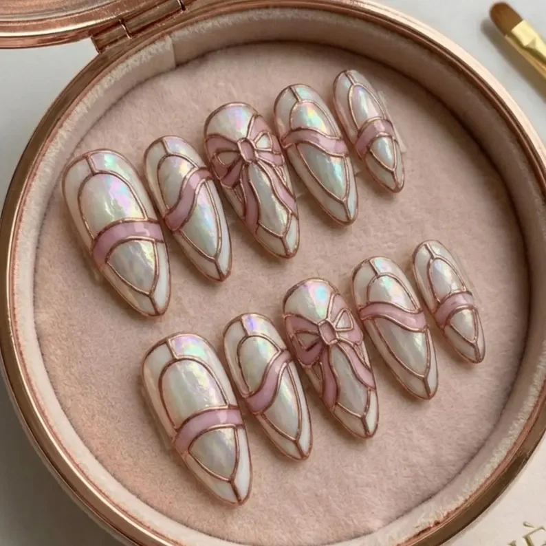 coquette nails, bow design, press on nails, custom press on nails, fake nails, Nails Art, stained glass nails, gold press on nails, 3d press on nails, luxury press on nails, handmade press on nails