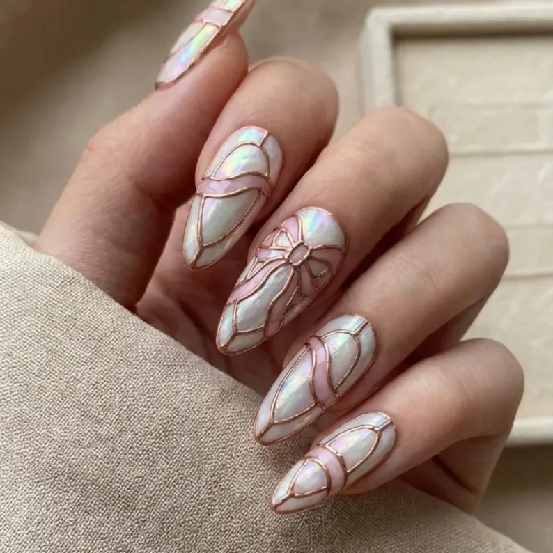 pearl bow nails, rose gold manicure, press on nails, custom press on nails, fake nails, Nails Art, stained glass nails, gold press on nails, 3d press on nails, luxury press on nails, handmade press on nails