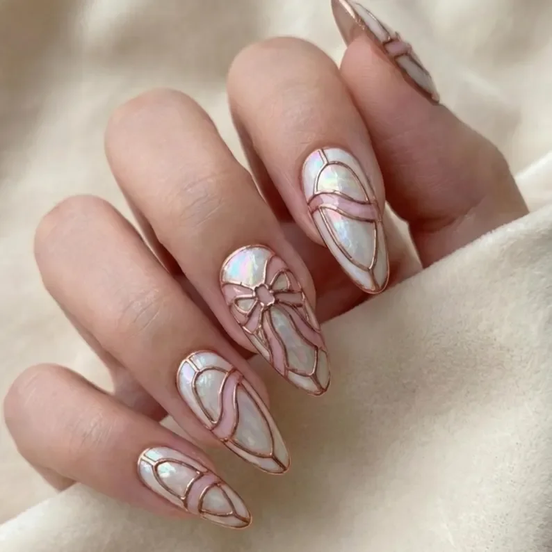 rose gold nails, stained glass nails, press on nails, custom press on nails, fake nails, Nails Art, gold press on nails, 3d press on nails, luxury press on nails, handmade press on nails
