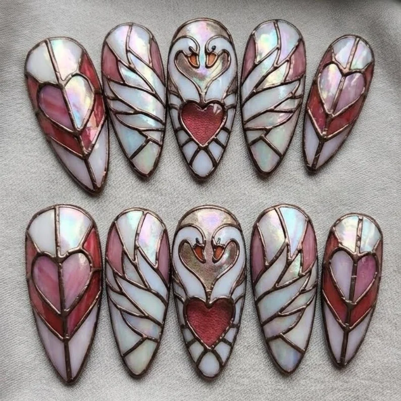 rose gold nails, swan heart nails, press on nails, custom press on nails, fake nails, Nails Art, stained glass nails, gold press on nails, 3d press on nails, luxury press on nails, handmade press on nails