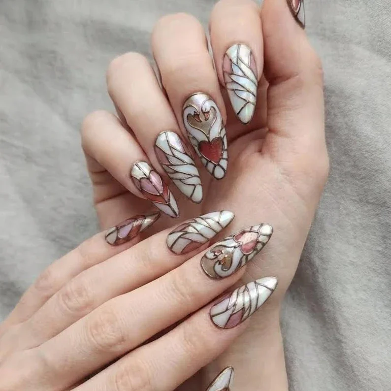 heart nail art, swan nail design, press on nails, custom press on nails, fake nails, Nails Art, stained glass nails, gold press on nails, 3d press on nails, luxury press on nails, handmade press on nails