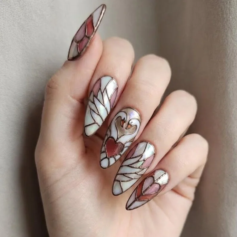 rose gold heart, stained glass art, press on nails, custom press on nails, fake nails, Nails Art, stained glass nails, gold press on nails, 3d press on nails, luxury press on nails, handmade press on nails