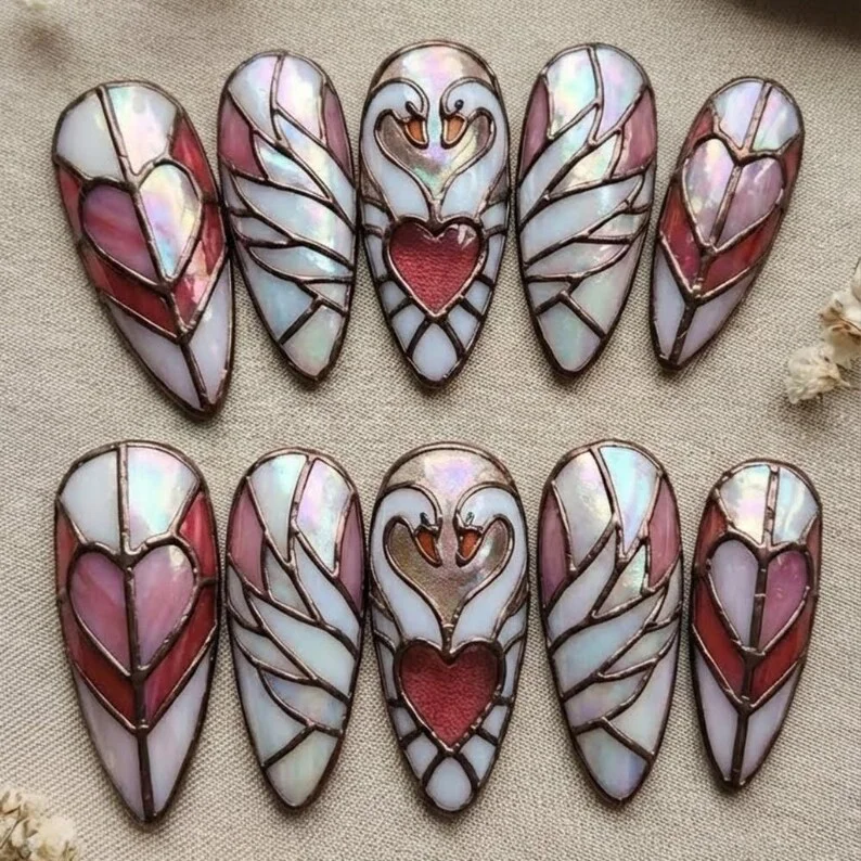 swan heart nails, press on nails, custom press on nails, fake nails, Nails Art, stained glass nails, gold press on nails, 3d press on nails, luxury press on nails, handmade press on nails