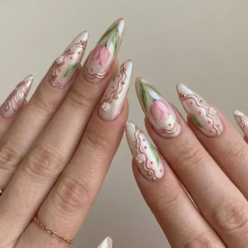 floral art nails, cloisonné floral, press on nails, custom press on nails, fake nails, Nails Art, stained glass nails, gold press on nails, 3d press on nails, luxury press on nails, handmade press on nails