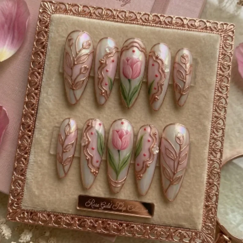 rose gold nails, tulip press on, press on nails, custom press on nails, fake nails, Nails Art, stained glass nails, gold press on nails, 3d press on nails, luxury press on nails, handmade press on nails
