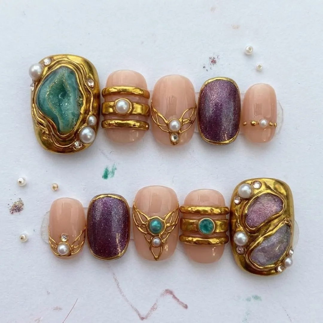 gemstone toe nails, 3D pearl pedicure, press on nails, custom press on nails, fake nails, Nails Art, stained glass nails, gold press on nails, 3d press on nails, luxury press on nails, handmade press on nails