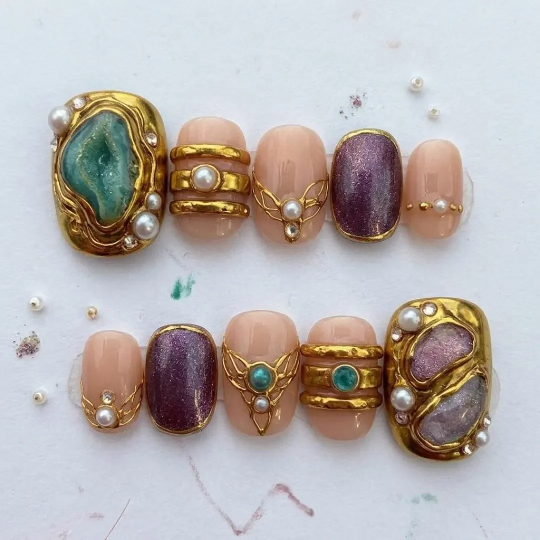 gemstone toe nails, 3D pearl pedicure, press on nails, custom press on nails, fake nails, Nails Art, stained glass nails, gold press on nails, 3d press on nails, luxury press on nails, handmade press on nails