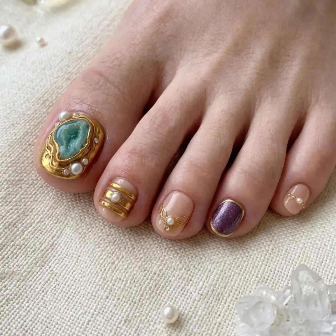 pearl toe nails, boho pedicure, press on nails, custom press on nails, fake nails, Nails Art, stained glass nails, gold press on nails, 3d press on nails, luxury press on nails, handmade press on nails