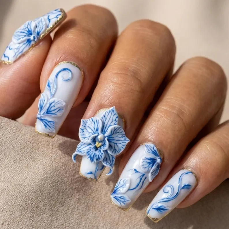 orchid wedding nails, wedding nail art, press on nails, custom press on nails, fake nails, Nails Art, stained glass nails, gold press on nails, 3d press on nails, luxury press on nails, handmade press on nails