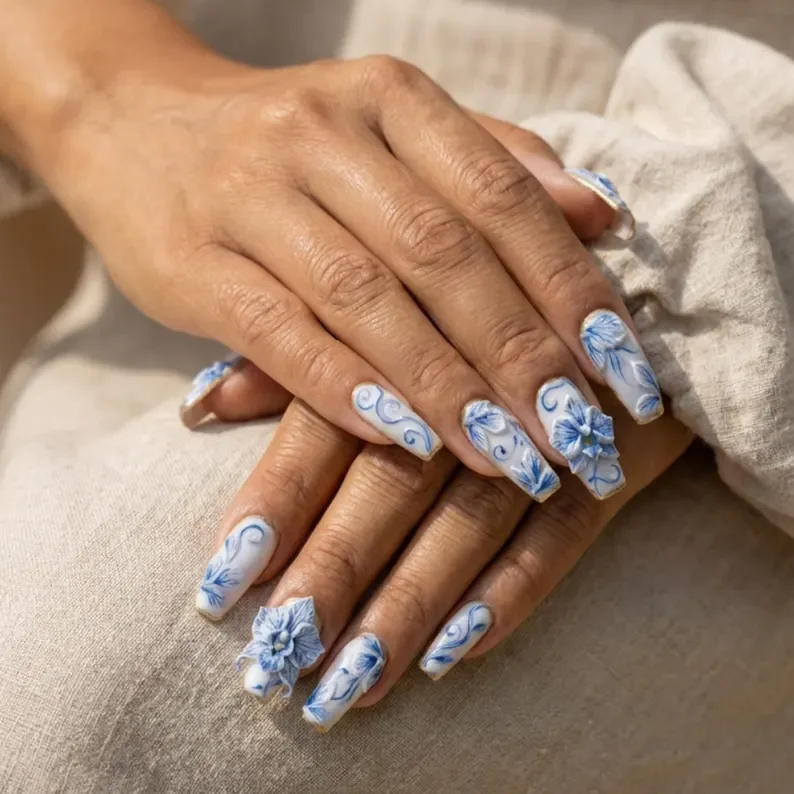 chinoiserie nail design, blue and white nails, press on nails, custom press on nails, fake nails, Nails Art, stained glass nails, gold press on nails, 3d press on nails, luxury press on nails, handmade press on nails