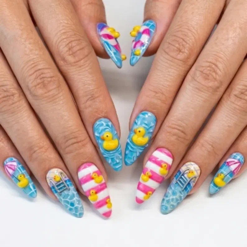 rubber ducky nails, pool party nails, press on nails, custom press on nails, fake nails, Nails Art, stained glass nails, gold press on nails, 3d press on nails, luxury press on nails, handmade press on nails