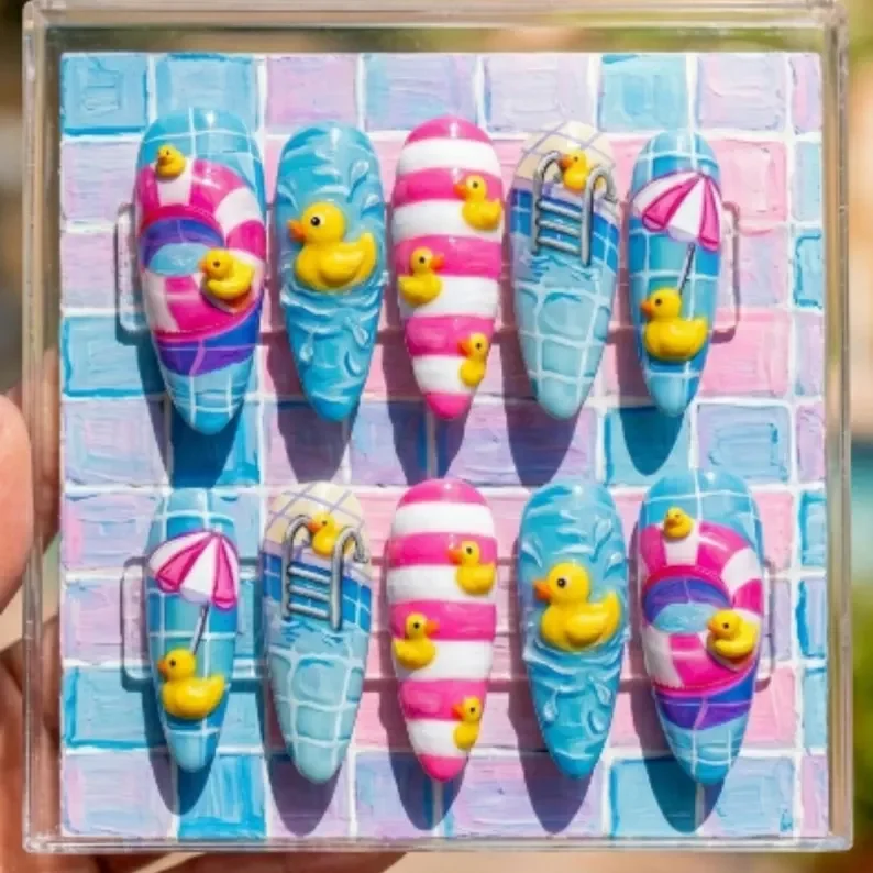 summer vacation nails, summer nail art, press on nails, custom press on nails, fake nails, Nails Art, stained glass nails, gold press on nails, 3d press on nails, luxury press on nails, handmade press on nails