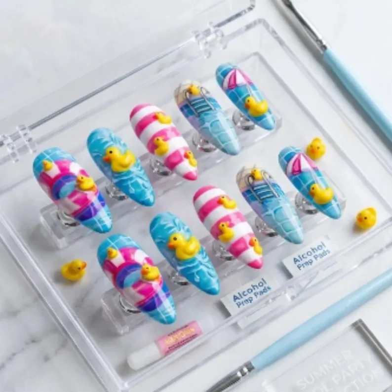 rubber ducky nails, pool party nails, press on nails, custom press on nails, fake nails, Nails Art, stained glass nails, gold press on nails, 3d press on nails, luxury press on nails, handmade press on nails