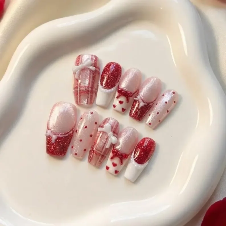 ruby red glitter, press on nails, custom press on nails, fake nails, Nails Art, stained glass nails, gold press on nails, 3d press on nails, luxury press on nails, handmade press on nails