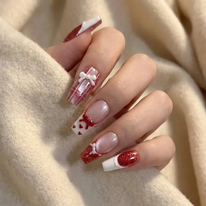 valentine's coquette, bow accent nails, press on nails, custom press on nails, fake nails, Nails Art, stained glass nails, gold press on nails, 3d press on nails, luxury press on nails, handmade press on nails