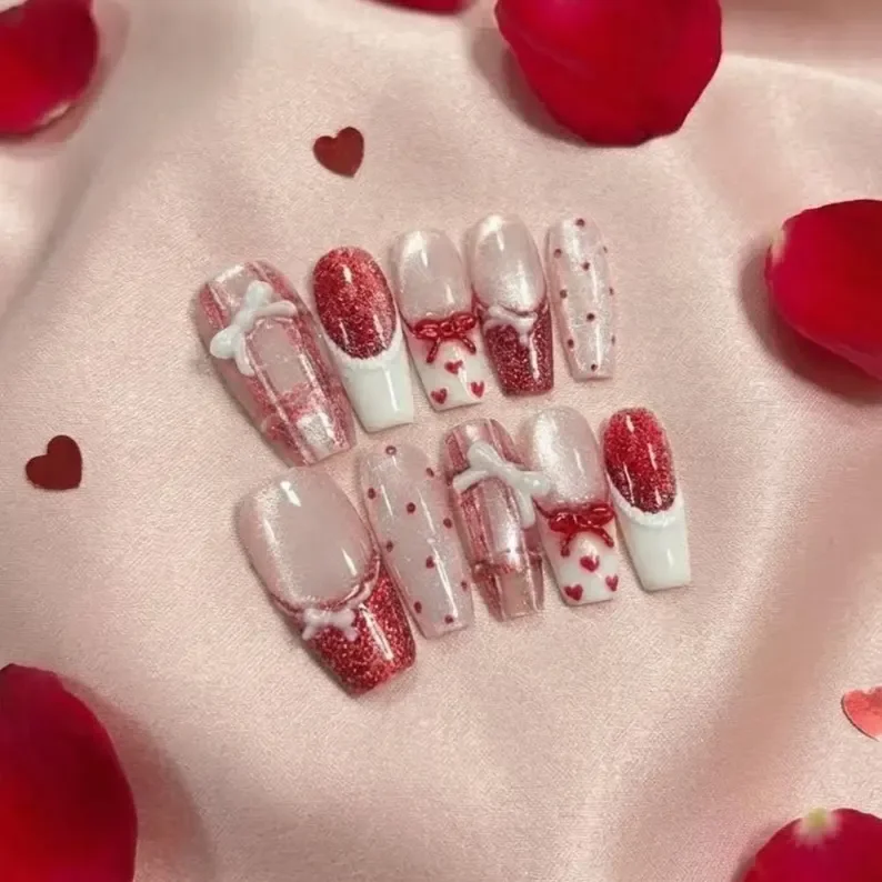 coquette style, valentine nails, press on nails, custom press on nails, fake nails, Nails Art, stained glass nails, gold press on nails, 3d press on nails, luxury press on nails, handmade press on nails