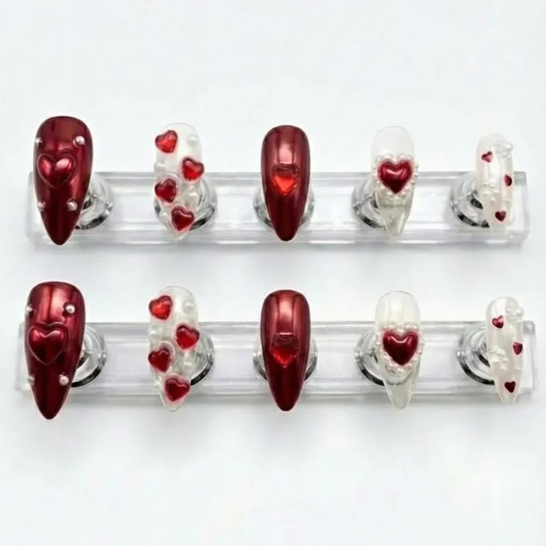 ruby red press on nails, 3d jelly hearts, press on nails, custom press on nails, fake nails, Nails Art, stained glass nails, gold press on nails, 3d press on nails, luxury press on nails, handmade press on nails