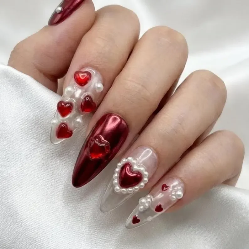 jelly heart nails, pearl embellishments, press on nails, custom press on nails, fake nails, Nails Art, stained glass nails, gold press on nails, 3d press on nails, luxury press on nails, handmade press on nails