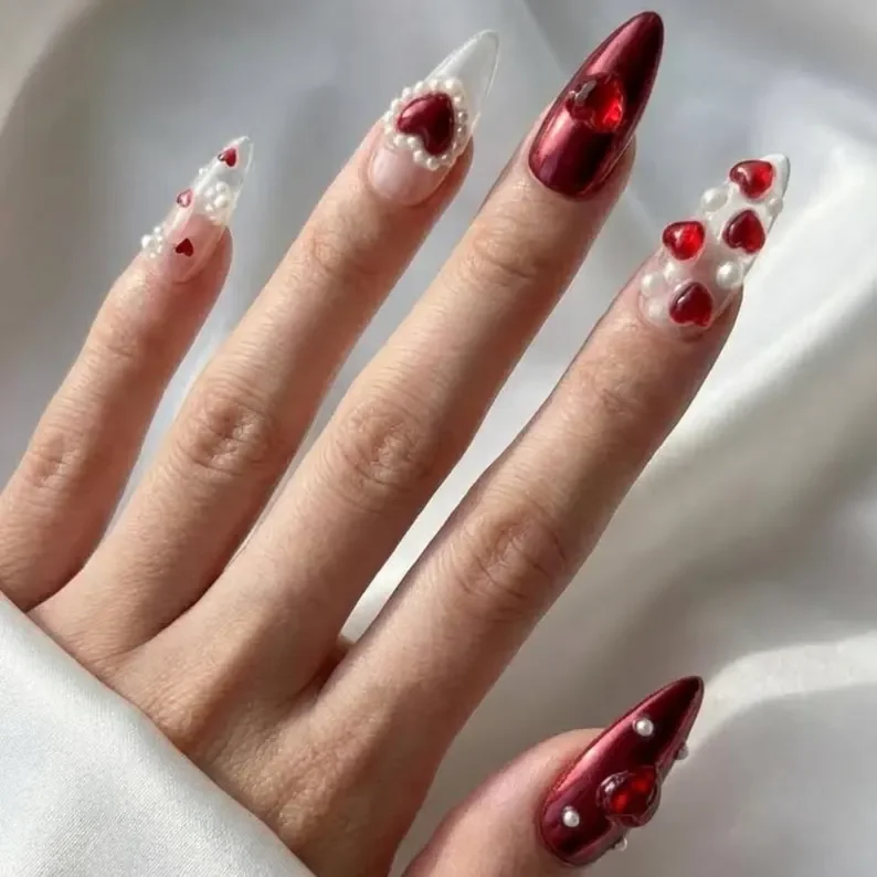 heart pearl nails, short square nails, press on nails, custom press on nails, fake nails, Nails Art, stained glass nails, gold press on nails, 3d press on nails, luxury press on nails, handmade press on nails