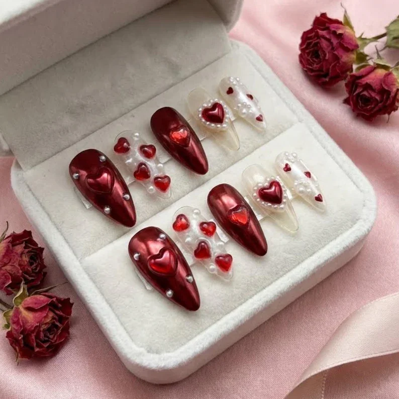 valentines nails, ruby red press on nails, press on nails, custom press on nails, fake nails, Nails Art, stained glass nails, gold press on nails, 3d press on nails, luxury press on nails, handmade press on nails