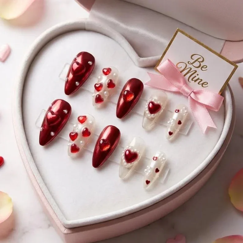 3d jelly hearts, jelly heart nails, press on nails, custom press on nails, fake nails, Nails Art, stained glass nails, gold press on nails, 3d press on nails, luxury press on nails, handmade press on nails