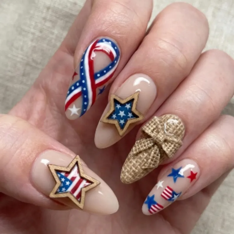 3D burlap bow, wood star nails, press on nails, custom press on nails, fake nails, Nails Art, stained glass nails, gold press on nails, 3d press on nails, luxury press on nails, handmade press on nails