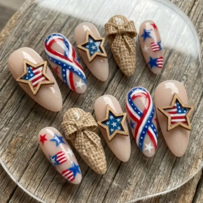 burlap bow nails, wood star press on, press on nails, custom press on nails, fake nails, Nails Art, stained glass nails, gold press on nails, 3d press on nails, luxury press on nails, handmade press on nails