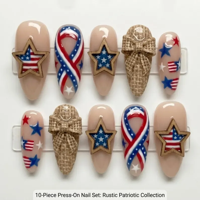 rustic patriotic nails, rustic americana, press on nails, custom press on nails, fake nails, Nails Art, stained glass nails, gold press on nails, 3d press on nails, luxury press on nails, handmade press on nails