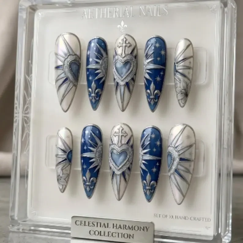 sacred heart lace, hand-painted nails, press on nails, custom press on nails, fake nails, Nails Art, stained glass nails, gold press on nails, 3d press on nails, luxury press on nails, handmade press on nails