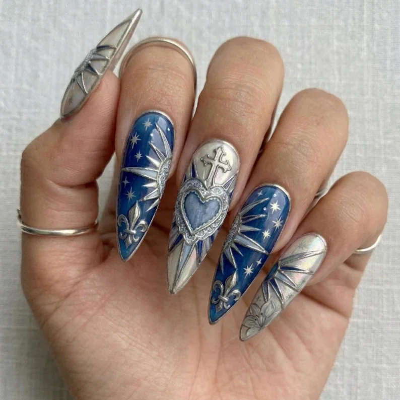 3D silver press, royal blue pearl, press on nails, custom press on nails, fake nails, Nails Art, stained glass nails, gold press on nails, 3d press on nails, luxury press on nails, handmade press on nails