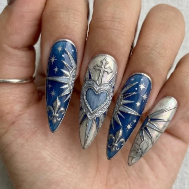 lace design, silver foil nails, press on nails, custom press on nails, fake nails, Nails Art, stained glass nails, gold press on nails, 3d press on nails, luxury press on nails, handmade press on nails