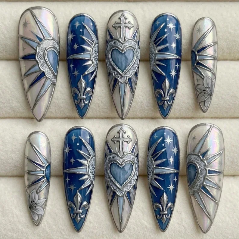 royal blue nails, sacred heart lace, press on nails, custom press on nails, fake nails, Nails Art, stained glass nails, gold press on nails, 3d press on nails, luxury press on nails, handmade press on nails