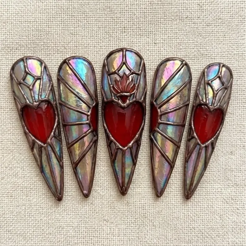 sacred heart nails, stained glass nails, press on nails, custom press on nails, fake nails, Nails Art, gold press on nails, 3d press on nails, luxury press on nails, handmade press on nails