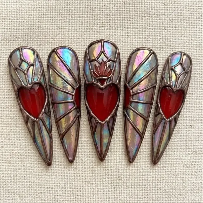 sacred heart nails, stained glass nails, press on nails, custom press on nails, fake nails, Nails Art, gold press on nails, 3d press on nails, luxury press on nails, handmade press on nails