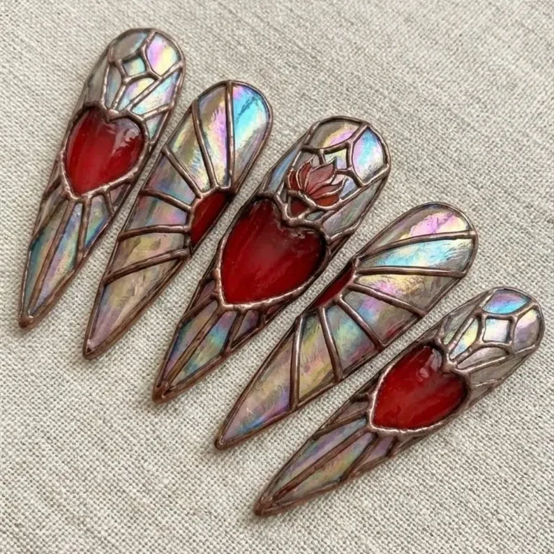 gothic romance nails, valentine nail art, press on nails, custom press on nails, fake nails, Nails Art, stained glass nails, gold press on nails, 3d press on nails, luxury press on nails, handmade press on nails